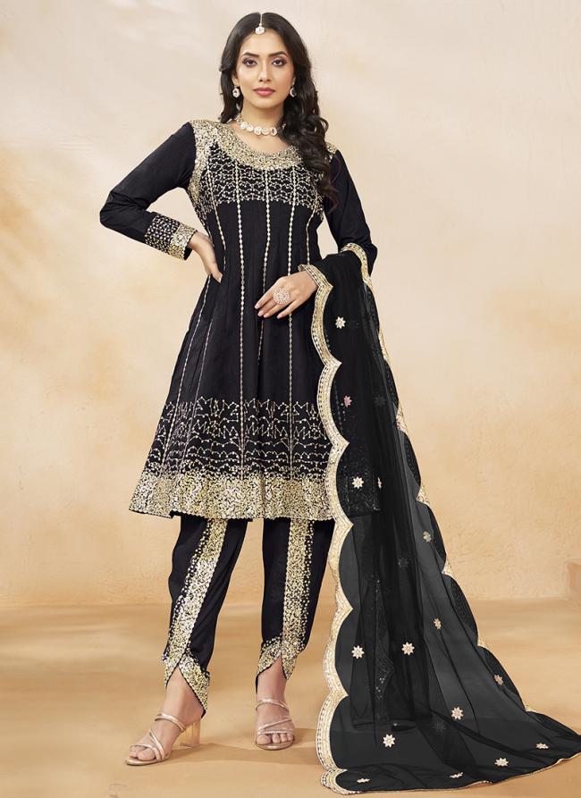 Art Silk Black Wedding Wear Embroidery Work Readymade Afghani Suit